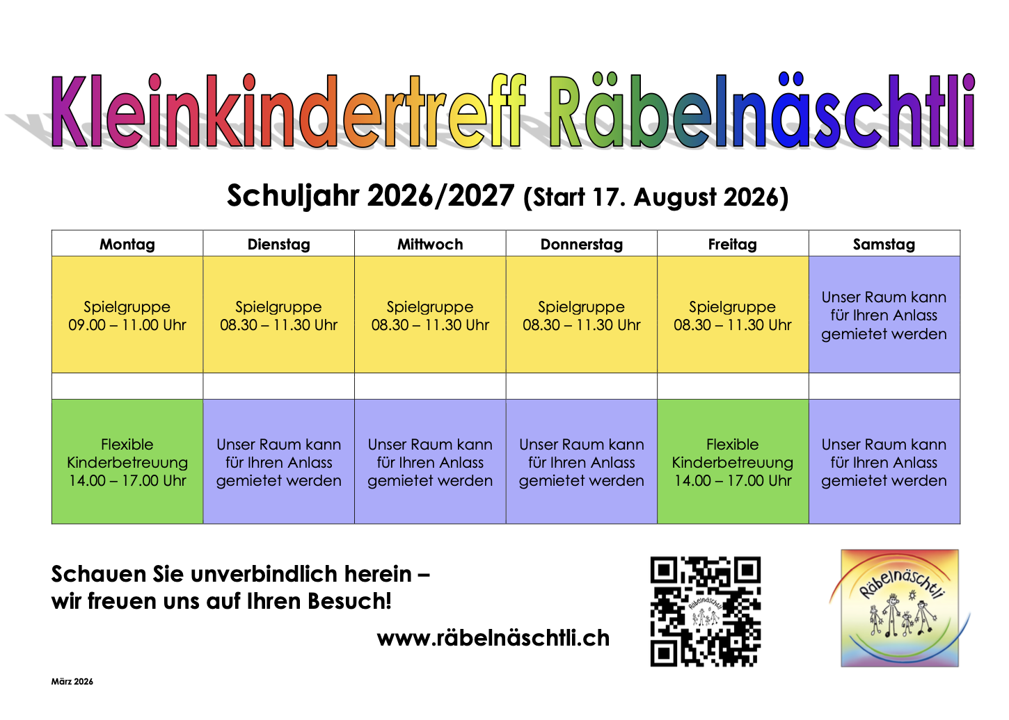 Öffnungszeiten Schuljahr 2026/2027 Raum Räbelnäschtli